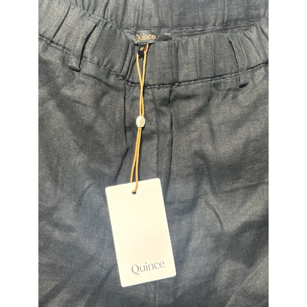 NWT Quince European Ankle Pants Womens M Black Linen Wide Leg Relaxed Pull On